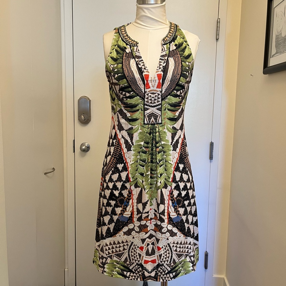 Hale Bob Vibrant Green and Orange Patterned Mini Dress